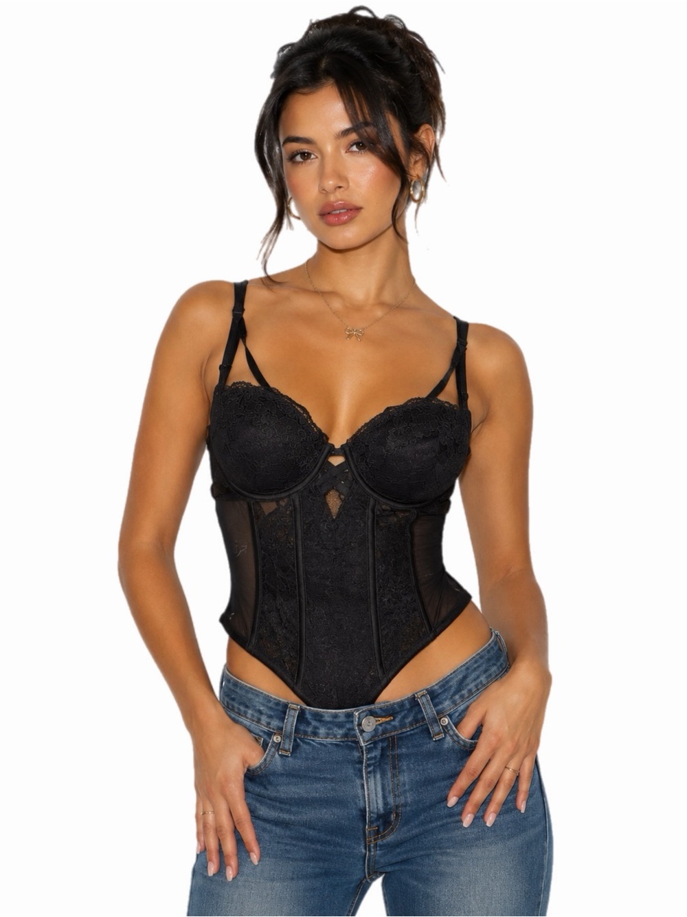 90s/Y2K European Vintage Lace Boned Cutout Strappy Bodysuit (Black) Size M/34B